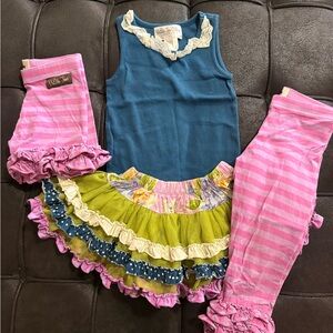 Matilda Jane Teal Tank, Lime Floral Ruffle Skirt & Pink Striped Leggings Set